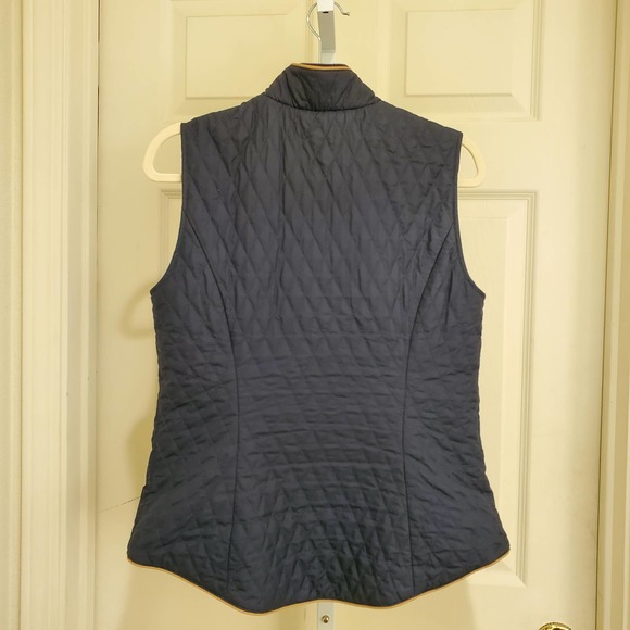 BROOKS BROTHERS Women's Diamond Quilted Navy/Tan Snap Front Riding Vest sz M - Picture 2 of 8